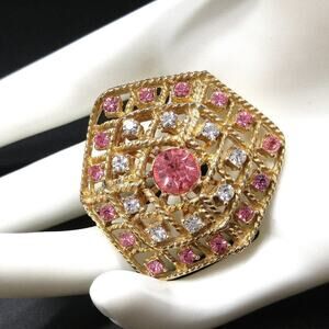 Pink & Clear Rhinestone Brooch, Gold Tone, Six Sided, 1950s Vintage Jewelry